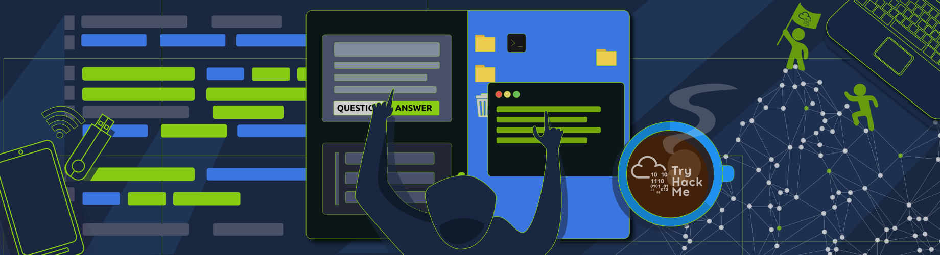 Stylized graphic of a cybersecurity lab with code and interfaces.